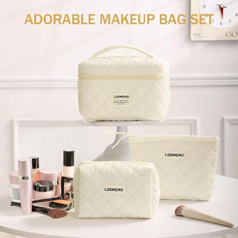 Makeup Bag 3 PCS Cosmetic Bags for Women, Large Travel Make up Bag Set Cute Cotton Toiletry Bag Organizer Pouch for Purse, Purple in Saudi Arabia