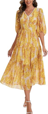 Kormei Women's V Neck 3/4 Sleeve Boho Long Flowy Dress Wedding Guest Engagement Party Casual Chiffon Dresses in Kuwait