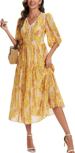 Kormei Women's V Neck 3/4 Sleeve Boho Long Flowy Dress Wedding Guest Engagement Party Casual Chiffon Dresses in Kuwait