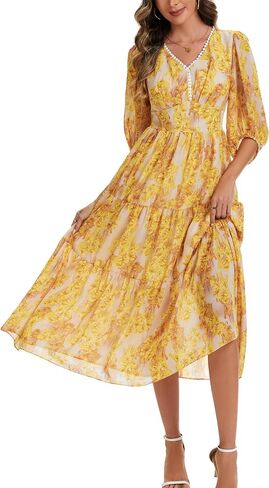 Kormei Women's V Neck 3/4 Sleeve Boho Long Flowy Dress Wedding Guest Engagement Party Casual Chiffon Dresses in Kuwait