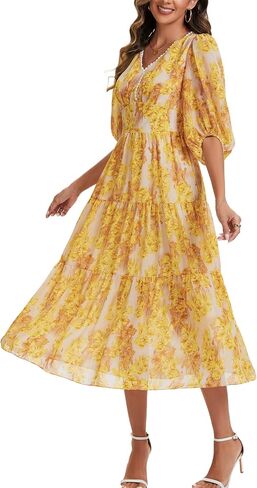 Kormei Women's V Neck 3/4 Sleeve Boho Long Flowy Dress Wedding Guest Engagement Party Casual Chiffon Dresses in Kuwait