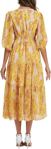 Kormei Women's V Neck 3/4 Sleeve Boho Long Flowy Dress Wedding Guest Engagement Party Casual Chiffon Dresses in Kuwait