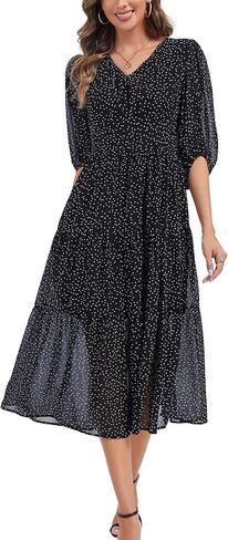 Kormei Women's V Neck 3/4 Sleeve Boho Long Flowy Dress Wedding Guest Engagement Party Casual Chiffon Dresses in Kuwait