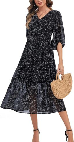 Kormei Women's V Neck 3/4 Sleeve Boho Long Flowy Dress Wedding Guest Engagement Party Casual Chiffon Dresses in Kuwait