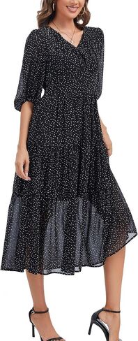 Kormei Women's V Neck 3/4 Sleeve Boho Long Flowy Dress Wedding Guest Engagement Party Casual Chiffon Dresses in Kuwait