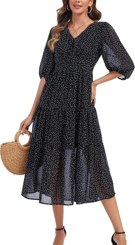 Kormei Women's V Neck 3/4 Sleeve Boho Long Flowy Dress Wedding Guest Engagement Party Casual Chiffon Dresses in Kuwait