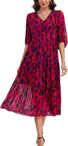 Kormei Women's V Neck 3/4 Sleeve Boho Long Flowy Dress Wedding Guest Engagement Party Casual Chiffon Dresses in Kuwait