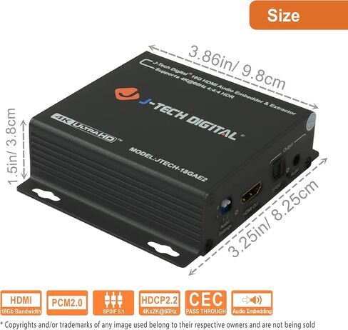 J-Tech Digital HDMI Audio Extractor 4K 60Hz with ARC & Audio Downmix, HDMI to Optical & RCA Converter, HDCP 2.2 DTS Digital 5.1 PCM (JTECH-EXD-ARC) in Saudi Arabia