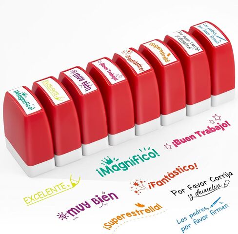 Qilery 8 Pcs Teacher Stamp Spanish Teacher Grading Stamp Gifts Rubber Self Inking Motivation Teacher Stamps for School Spanish Classroom Grading Stamp School Prizes in Kuwait