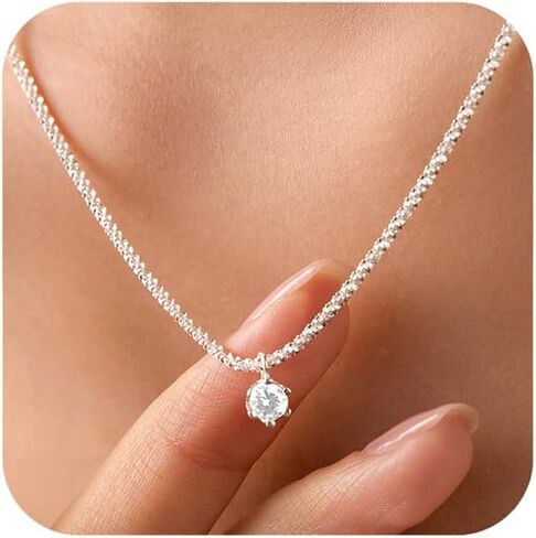 Birthstone Necklace for Women 925 Sterling Silver Glitter Bling Green CZ Pendant Necklace Dainty Crystal Choker Necklaces Collarbone Chain Bridal Wedding Jewelry for Lover in Kuwait