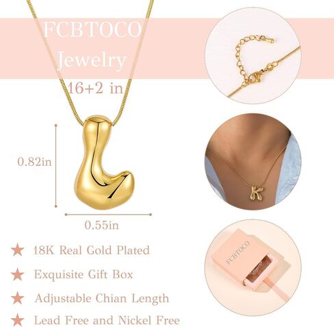 Initial Necklace for Women，Gold Silver Bubble Balloon Letter Necklace，Dainty Personalized Puffy Chunky Name Necklaces，Trending Jewelry Gift in Saudi Arabia