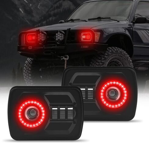 2Pcs Rectangle 5×7 7×6 Inch LED Headlights with Halo DRL & Turn Signal High/Low Beam,Compatible With Cherokee XJ Wrangler YJ GMC Dodge Kenworth T300 Replacement H6054 H5054 6052 (Red Halo) in Kuwait
