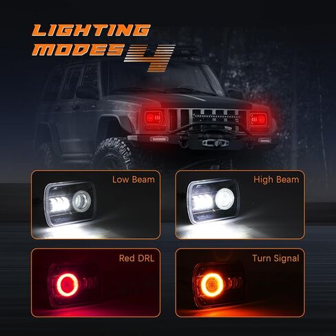 2Pcs Rectangle 5×7 7×6 Inch LED Headlights with Halo DRL & Turn Signal High/Low Beam,Compatible With Cherokee XJ Wrangler YJ GMC Dodge Kenworth T300 Replacement H6054 H5054 6052 (Red Halo) in Kuwait