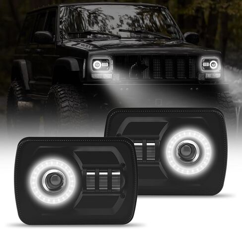 2Pcs Rectangle 5×7 7×6 Inch LED Headlights with Halo DRL & Turn Signal High/Low Beam,Compatible With Cherokee XJ Wrangler YJ GMC Dodge Kenworth T300 Replacement H6054 H5054 6052 (Red Halo) in Kuwait