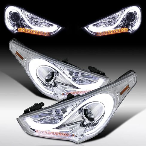 Autozensation Compatible with 2012-2017 Hyundai Veloster, Left + Right Pair Headlamps Assembly, LED Black Projector Headlights w/Sequential LED Signal Lights in Kuwait