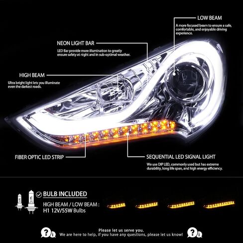 Autozensation Compatible with 2012-2017 Hyundai Veloster, Left + Right Pair Headlamps Assembly, LED Black Projector Headlights w/Sequential LED Signal Lights in Kuwait