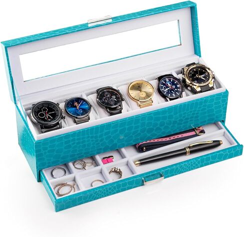 Prestige & Fancy Premium Turquoise 6 Slot Watch Case – Elegant Design Watch Box for Men, Luxurious Holder, Display Case, Holiday - birthday gift for men (window Lid), in Kuwait