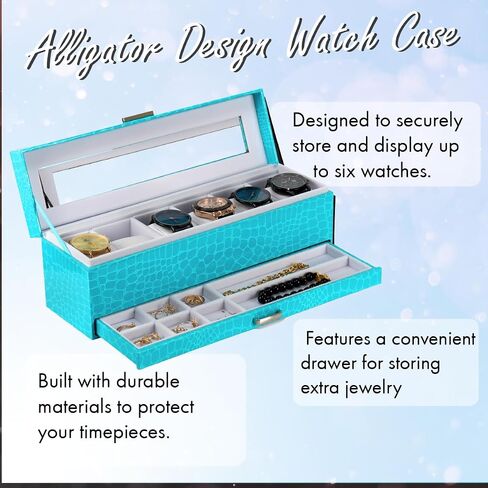 Prestige & Fancy Premium Turquoise 6 Slot Watch Case – Elegant Design Watch Box for Men, Luxurious Holder, Display Case, Holiday - birthday gift for men (window Lid), in Kuwait