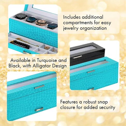 Prestige & Fancy Premium Turquoise 6 Slot Watch Case – Elegant Design Watch Box for Men, Luxurious Holder, Display Case, Holiday - birthday gift for men (window Lid), in Kuwait
