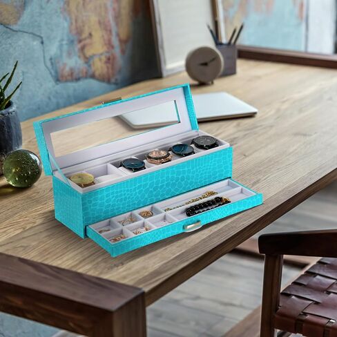 Prestige & Fancy Premium Turquoise 6 Slot Watch Case – Elegant Design Watch Box for Men, Luxurious Holder, Display Case, Holiday - birthday gift for men (window Lid), in Kuwait