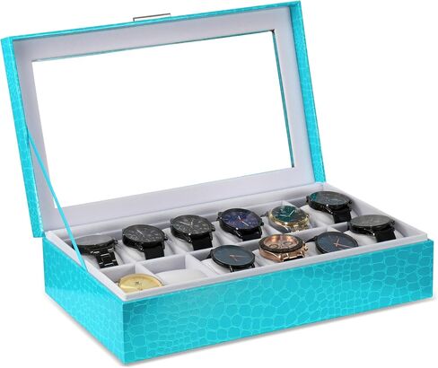 Prestige & Fancy Premium Turquoise 6 Slot Watch Case – Elegant Design Watch Box for Men, Luxurious Holder, Display Case, Holiday - birthday gift for men (window Lid), in Kuwait