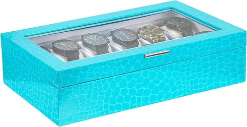 Prestige & Fancy Premium Turquoise 6 Slot Watch Case – Elegant Design Watch Box for Men, Luxurious Holder, Display Case, Holiday - birthday gift for men (window Lid), in Kuwait