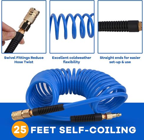 خرطوم ضاغط الهواء 1/4 في × 25 قدمًا من خرطوم الهواء مع 1/4 "تجهيزات الهواء الصناعية ومقيدات الانحناء ، وضغط العمل من 300 رطل ، والأسود in Kuwait