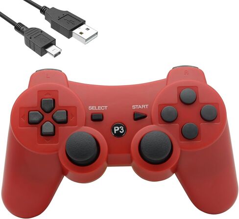 Eagolloar Wireless Controller 2 Pack for PS3, Dual Analog Bluetooth Rechargeable Game Controller for PS3 with Charging Cable,Dual Vibration- Red and Black in Kuwait