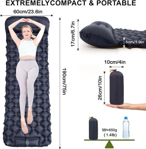Ultralight Inflatable Camping Sleeping Pad – Compact Built-in Pillow,Waterproof & Durable –Connects to Double Bed and Ideal for Camping, Hiking & Outdoor Adventures in Saudi Arabia