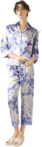 Le Silk Bouquet de Fleur Series Women's Silk Pajama تقع في أنماط زهرية حرير التوت 100 ٪ مع الأكمام والسراويل in Kuwait
