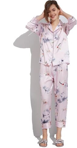 Le Silk Bouquet de Fleur Series Women's Silk Pajama تقع في أنماط زهرية حرير التوت 100 ٪ مع الأكمام والسراويل in Kuwait