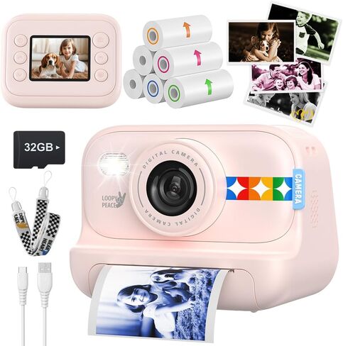 Kids Color Instant Print Camera – Kids Camera with 5 Color Photo Paper, 48MP & 1080P Video, 21 Fun Frames, 32G Card, Christmas/Birthday Gifts for Girls and Boys Ages 3 4 5 6 7 8 9 10 11 12 - in Saudi Arabia