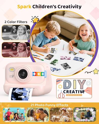 Kids Color Instant Print Camera – Kids Camera with 5 Color Photo Paper, 48MP & 1080P Video, 21 Fun Frames, 32G Card, Christmas/Birthday Gifts for Girls and Boys Ages 3 4 5 6 7 8 9 10 11 12 - in Saudi Arabia