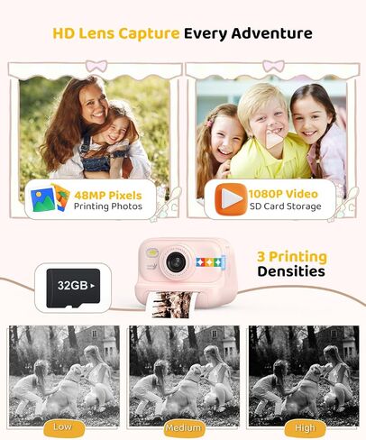 Kids Color Instant Print Camera – Kids Camera with 5 Color Photo Paper, 48MP & 1080P Video, 21 Fun Frames, 32G Card, Christmas/Birthday Gifts for Girls and Boys Ages 3 4 5 6 7 8 9 10 11 12 - in Saudi Arabia