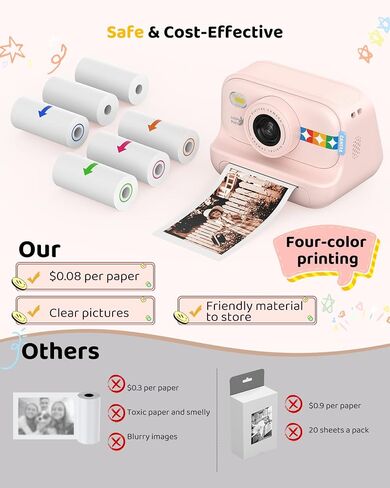 Kids Color Instant Print Camera – Kids Camera with 5 Color Photo Paper, 48MP & 1080P Video, 21 Fun Frames, 32G Card, Christmas/Birthday Gifts for Girls and Boys Ages 3 4 5 6 7 8 9 10 11 12 - in Saudi Arabia