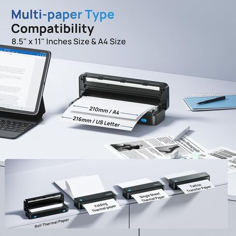 D820 Wireless Printer Compatible with Phone & Computer, Inkless Printer Supports 8.5" X 11" US Letter Size Thermal Printer Paper, Portable Printers Wireless for Travel (Matte Black) in Kuwait