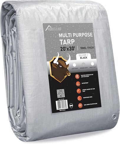 HOMESTEAD Waterproff Tarp 8' x 10', Medium Duty 10 Mil Poly Tarp Cover with Metal Grommets, Great for Outdoor Storage and Home Use - Silver/Black in Kuwait