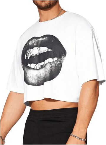 GORGLITTER Men's Crop Tops Rhinestone Lips Graphic T Shirt Crewneck Short Sleeve Tee in Saudi Arabia