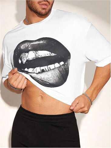 GORGLITTER Men's Crop Tops Rhinestone Lips Graphic T Shirt Crewneck Short Sleeve Tee in Saudi Arabia