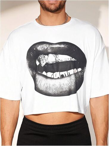 GORGLITTER Men's Crop Tops Rhinestone Lips Graphic T Shirt Crewneck Short Sleeve Tee in Saudi Arabia