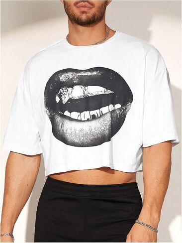 GORGLITTER Men's Crop Tops Rhinestone Lips Graphic T Shirt Crewneck Short Sleeve Tee in Saudi Arabia