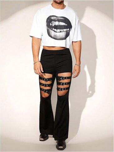 GORGLITTER Men's Crop Tops Rhinestone Lips Graphic T Shirt Crewneck Short Sleeve Tee in Saudi Arabia