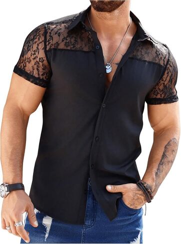 WDIRARA Men's Lace Mesh Button Down Shirts Short Sleeve Collared Party Shirt Summer Tops in Saudi Arabia
