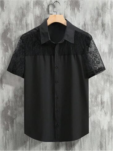 WDIRARA Men's Lace Mesh Button Down Shirts Short Sleeve Collared Party Shirt Summer Tops in Saudi Arabia