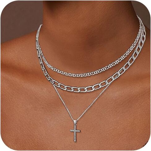 Layered Gold Cross Necklaces for Women, Stack Stackable 14K Gold/Silver Plated Cubic Zirconia Pendant Necklace Set Dainty Choker Layering Necklaces for Women Faith Jewelry Religious Gift in Saudi Arabia