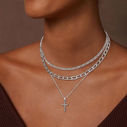 Layered Gold Cross Necklaces for Women, Stack Stackable 14K Gold/Silver Plated Cubic Zirconia Pendant Necklace Set Dainty Choker Layering Necklaces for Women Faith Jewelry Religious Gift in Saudi Arabia