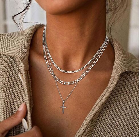 Layered Gold Cross Necklaces for Women, Stack Stackable 14K Gold/Silver Plated Cubic Zirconia Pendant Necklace Set Dainty Choker Layering Necklaces for Women Faith Jewelry Religious Gift in Saudi Arabia