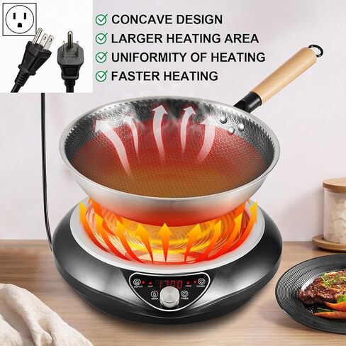 Wok Induction Cooktop 1700W (85V~120V), Even & Faster Heating Induction Wor Burner with Temprature Control, 18 Hours Timer, Auto-off, 16 Level Power Concave Stoves Electric Hot Plate Cooker in Saudi Arabia