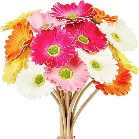 SITUMEIZI 15Pcs Artificial Gerbera Daisies Flowers Fake Daisy Faux Mums Daisy Flower 15 Inch for Home Kitchen Decor (White,Pink,Yellow,Orange,Rose) in Saudi Arabia