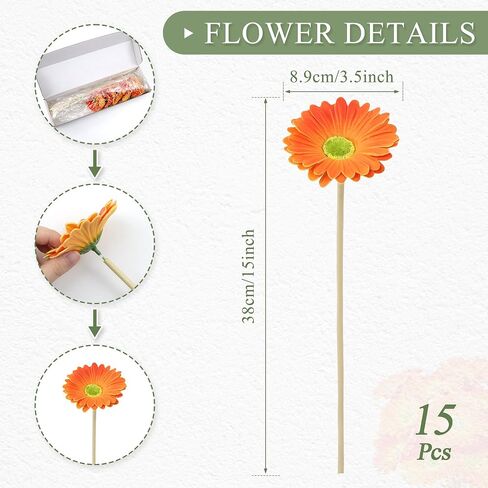 SITUMEIZI 15Pcs Artificial Gerbera Daisies Flowers Fake Daisy Faux Mums Daisy Flower 15 Inch for Home Kitchen Decor (White,Pink,Yellow,Orange,Rose) in Saudi Arabia
